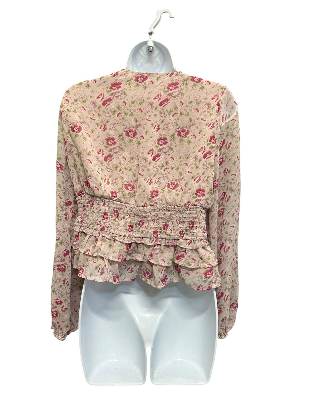 Lush Blush Magenta Floral Smocked Waist Pink Long Sleeve Blouse Size S - Picture 4 of 4